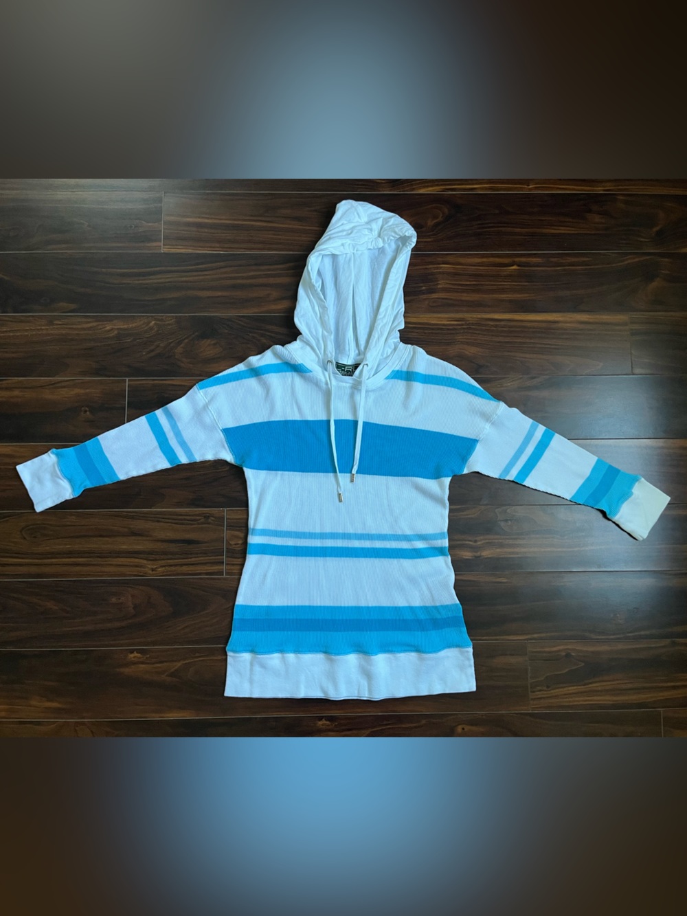 Lauren Active Ralph Lauren White and Blue Striped Waffle Hoodie, M, EUC